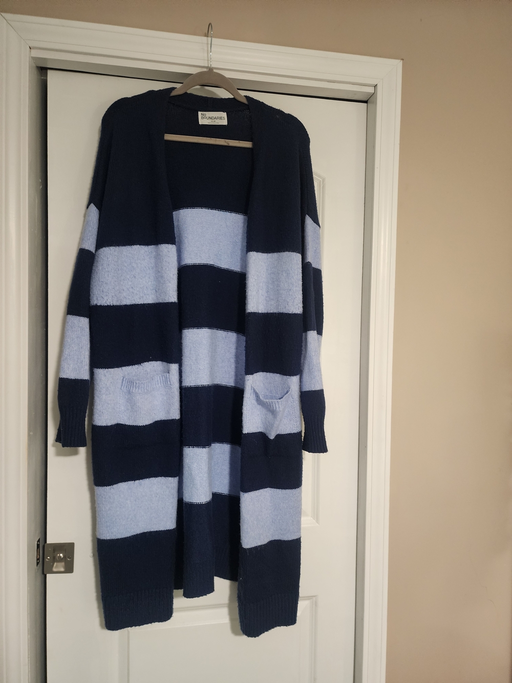 No Boundaries Navy and Light Blue Striped Open-Front Cardigan